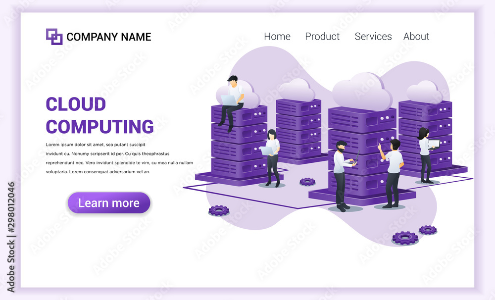Poster cloud computing concept. digital storage, data center and digital network with people working on lap