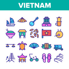 Fototapeta na wymiar Vietnam Collection Traditional Icons Set Vector Thin Line. Flag And Palace, Gong And Sailboat, Turtle And Sushi, Vietnam Concept Linear Pictograms. Color Contour Illustrations