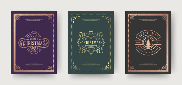 Christmas greeting cards vintage typographic design, ornate decorations symbols with fir tree, winter holidays wishes