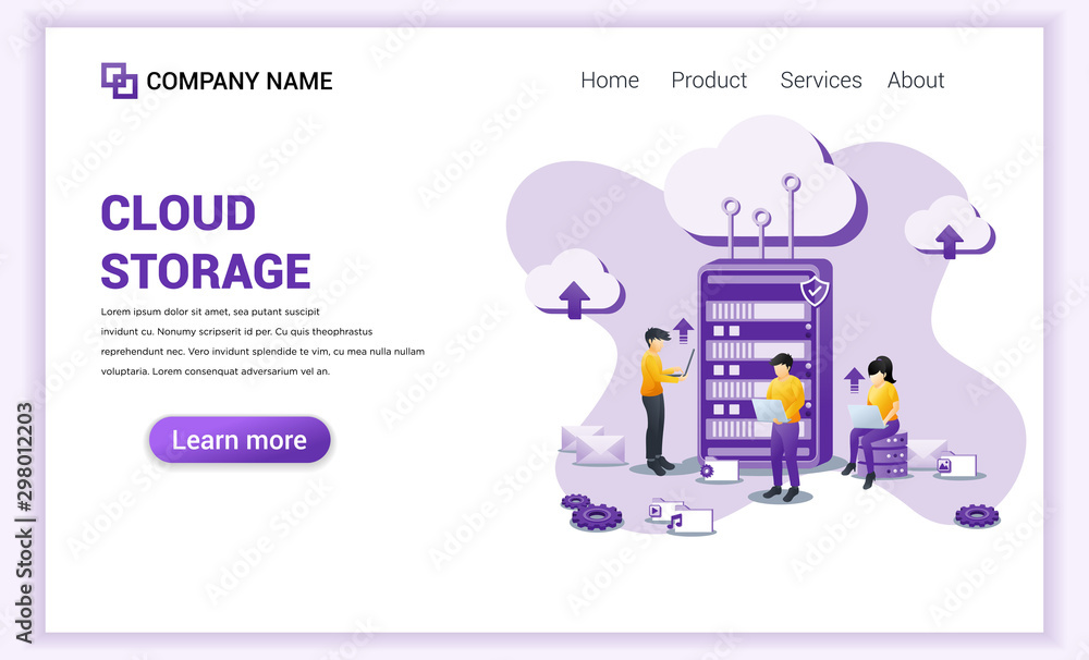 Poster modern flat design concept of cloud computing, cloud storage, data center with characters on front s