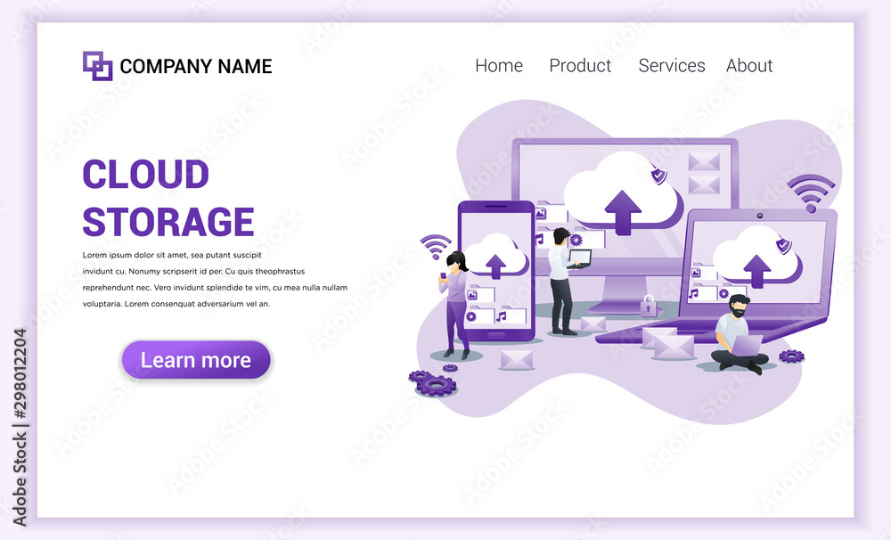 Poster modern flat design concept of cloud computing, cloud storage, data center with characters on giant d
