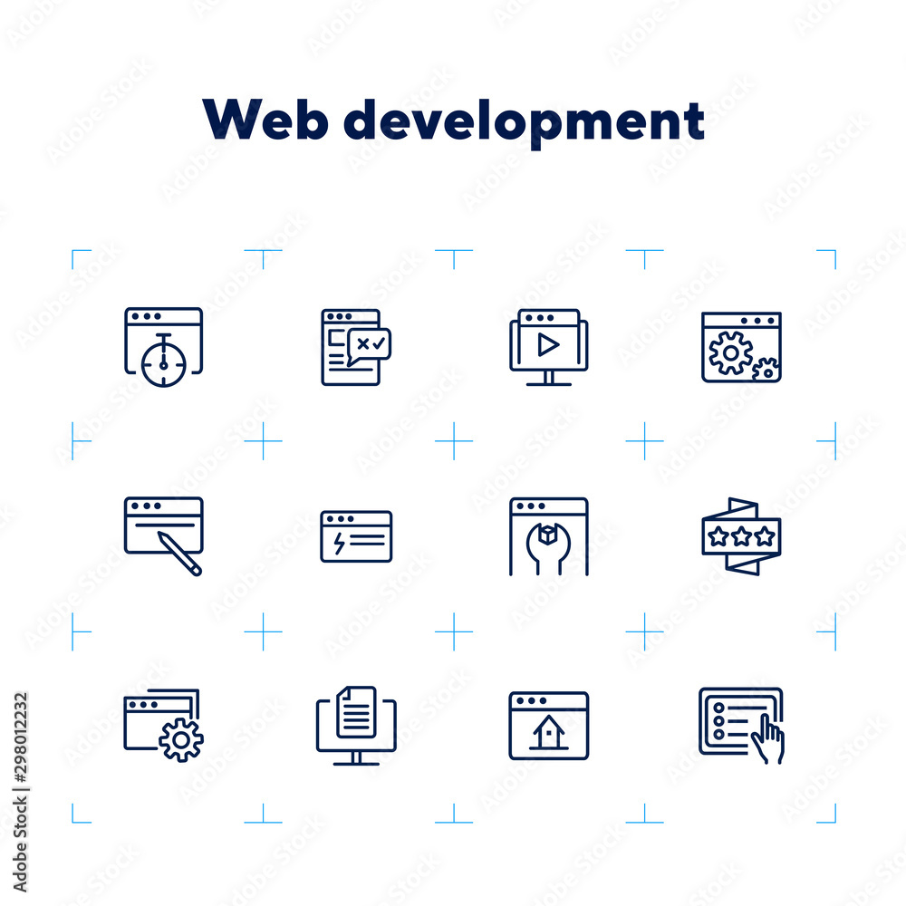 Poster web development icons. set of line icons on white background. homepage, setting folder, webinar. com