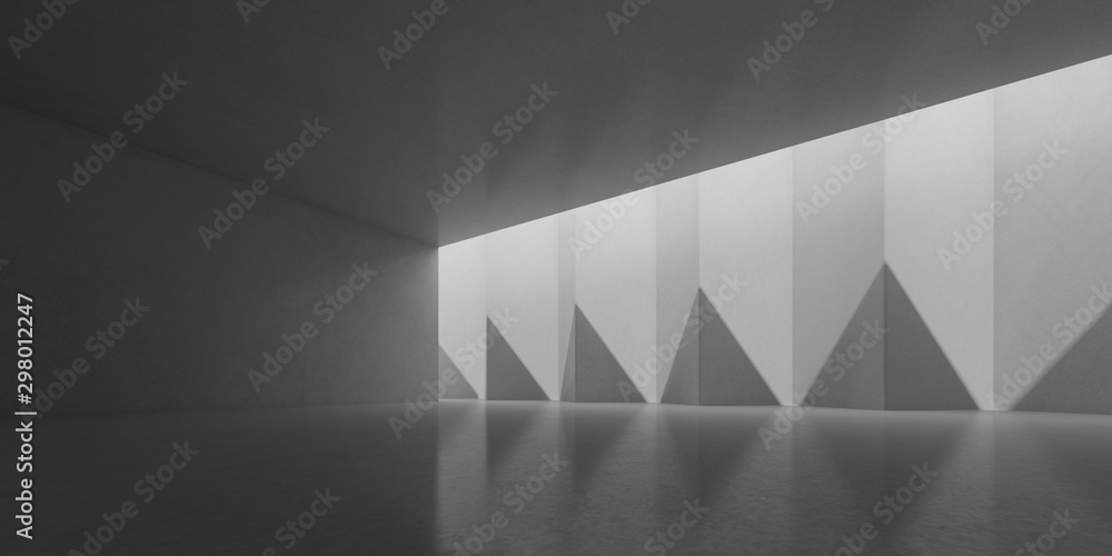 Aufkleber Abstract of concrete space with sun light cast the shadow on the polygonal wall ,Geometric structure design,Perspective of brutalism  architecture,3d rendering	