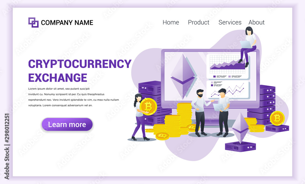 Poster cryptocurrency exchange concept with people working on computer screen for exchange of bitcoin and d