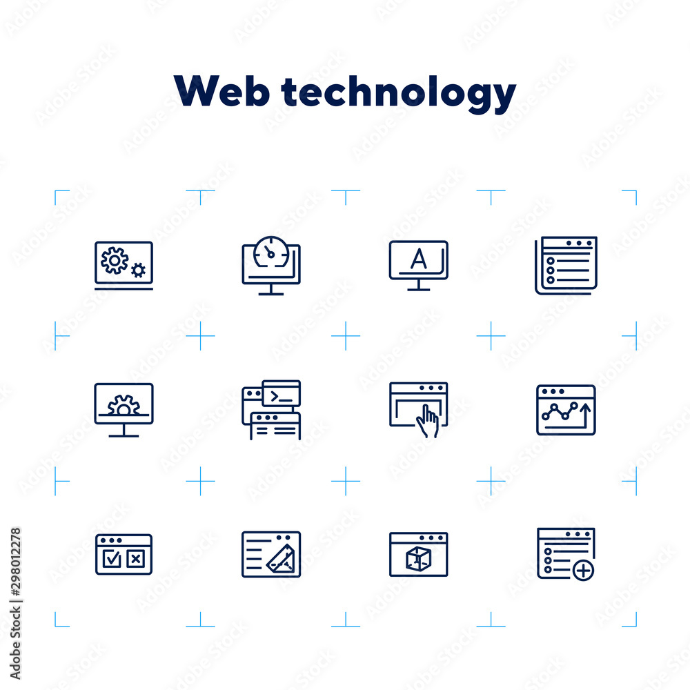 Poster web technology line icon set. information, browser, connection. programming concept. can be used for