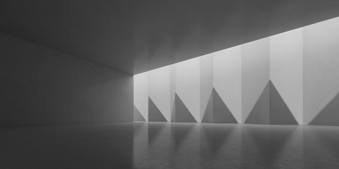 Abstract of concrete space with sun light cast the shadow on the polygonal wall ,Geometric structure design,Perspective of brutalism  architecture,3d rendering	