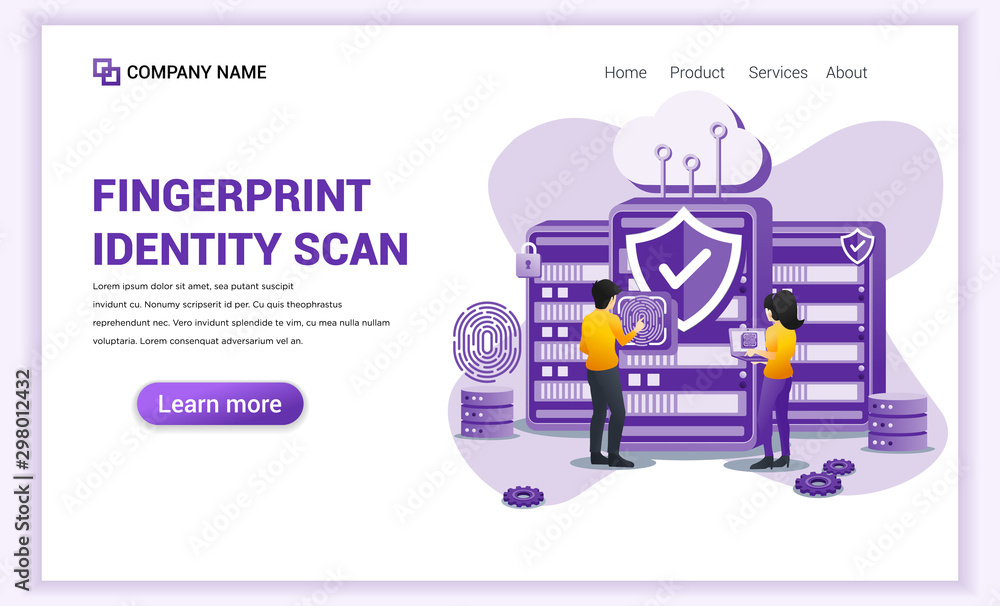 Poster fingerprint recognition technology concept. a man and woman try access to the server with fingerprin