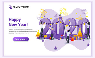 Happy new year 2020 concept. People decorating on giant 2020 number celebrating for the new year eve. Can use for web banner, poster, landing page, web template. Vector illustration
