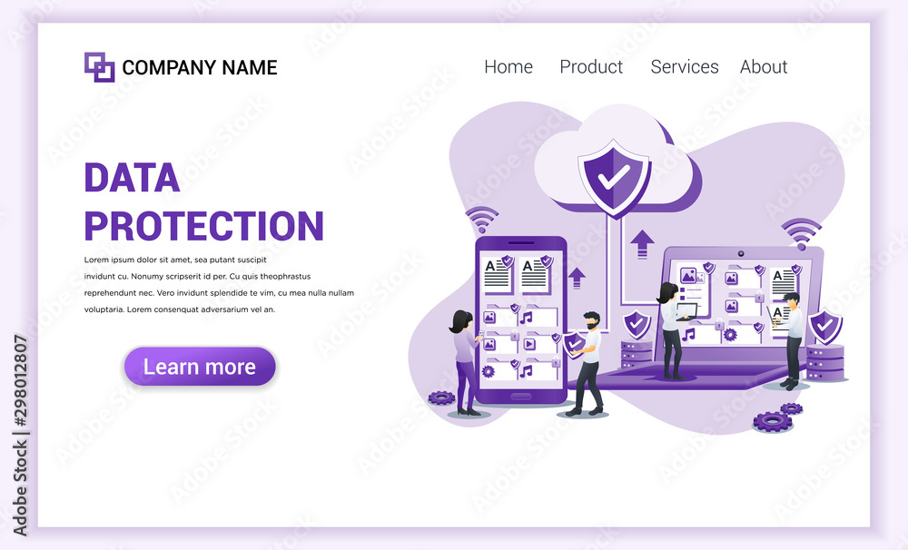Poster modern flat design concept of data protection with characters people protecting data on giant device