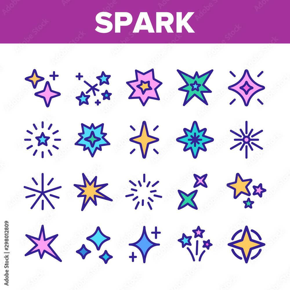 Poster spark and sparkle star collection icons set vector thin line. different glitter and flare spark conc