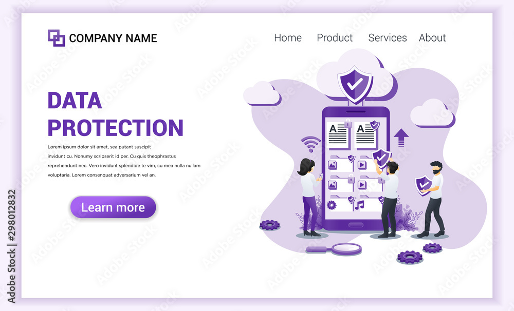 Poster modern flat design concept of data protection with characters people protecting data on giant phone.