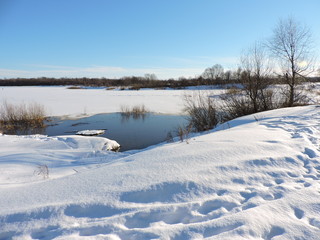 winter landscape with lake and trees