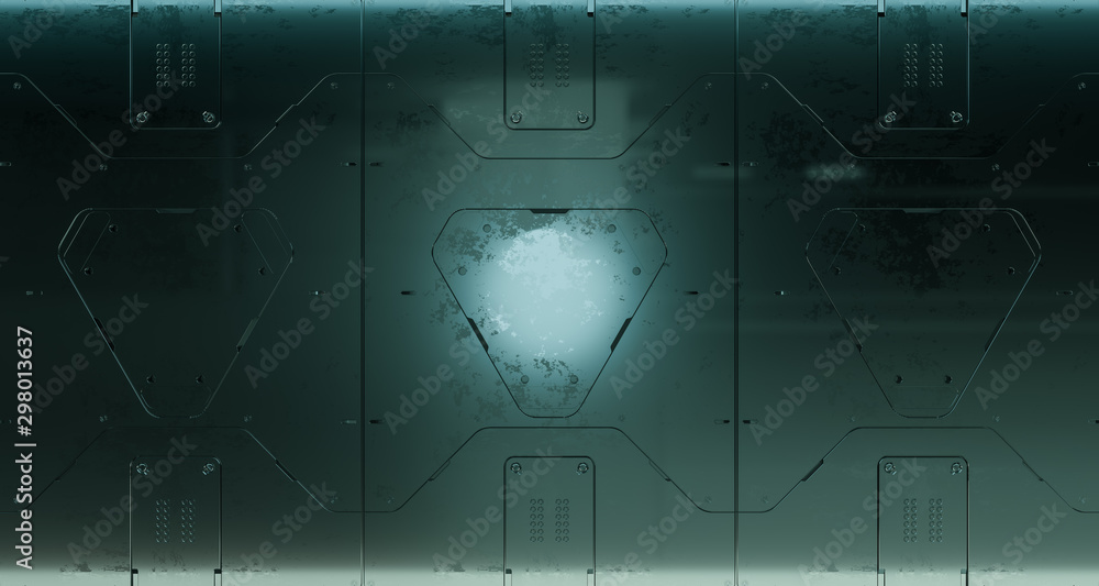 Wall mural 3d render sci-fi metal panel surfaces. future background with complex forms and shapes. technology i