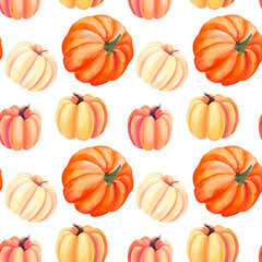 seamless pattern of pumpkins on an isolated white background, watercolor painting, hand drawing