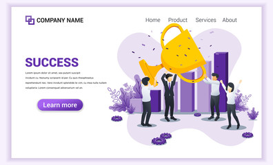 Successful business concept. People celebrating success with hold giant golden winner cup trophy. Can used for web banner, infographics, landing page, web template. Flat vector illustration