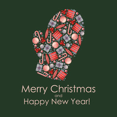 Christmas and New Year illustration with mitten on green background. Perfect design for New Year and Christmas card, banner, invitation.