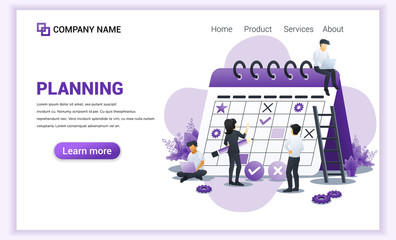 Planning Schedule concept, A Man standing filling out the schedule on giant calendar, work planning, work in progress. Can use for web banner, landing page, infographics. Flat vector ilustration