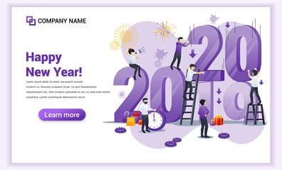 Happy new year concept. People are preparing for the new year 2020 by changing the letter of the year before midnight. Can use for web banner, poster, landing page, web template. Vector illustration