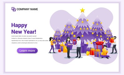 People are celebrating the new year with give each other a gift box near Christmas tree. Happy new year concept. Can use fo Can use for web banner, poster, landing page. vector illustration