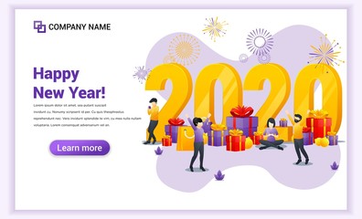 New year 2020 concept. Happy people are celebrating the new year with gift boxes and fireworks. Can use for web banner, poster, landing page, web template. Vector illustration