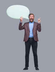 happy businessman with blank balloon for text.