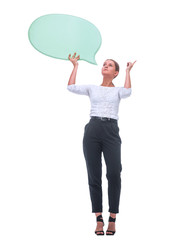 in full growth. pensive young business woman with a blank balloon for text