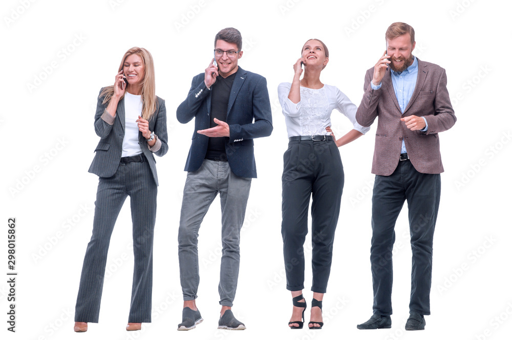 Wall mural in full growth. group of business people with smartphones