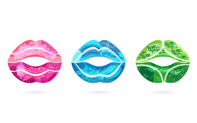 Set of abstract modern graphic Lips elements,icon. Dynamical colored kissing sexy girl lips. Valentines, mothers day logo.Template for the design of a flyer, presentation. Lips, lip,kiss vector symbol