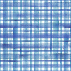 Watercolor stripe plaid seamless pattern. Blue and teal stripes on white background