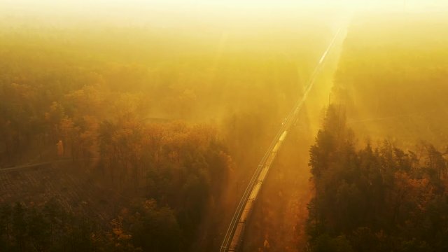 The train rides by rail, which runs through the autumn deciduous coniferous forest. The rays of the sun cut through the mist, creating a mystical atmosphere. The drone flies smoothly over the train. 4