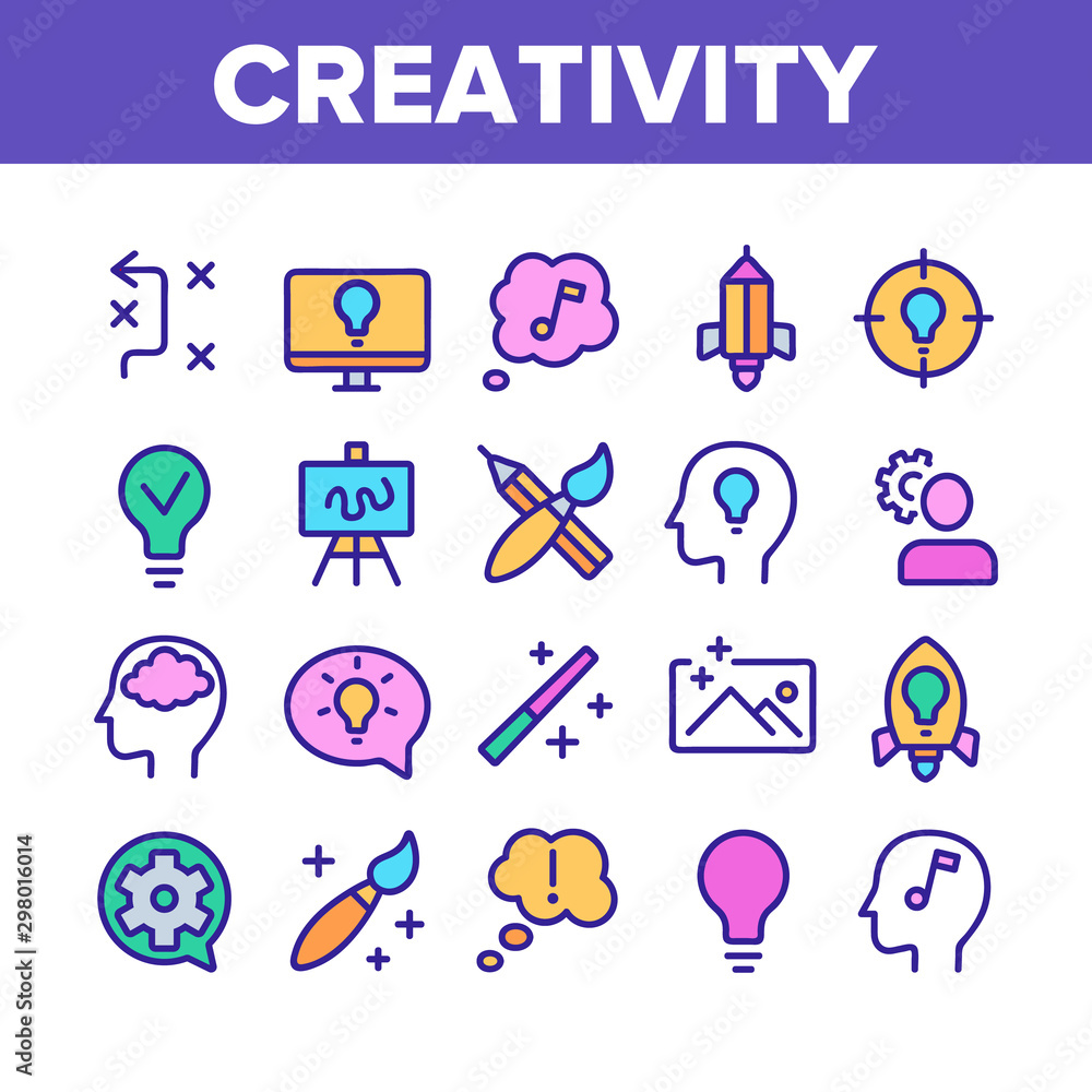 Aufkleber creativity collection elements icons set vector thin line. brainstorming and idea, lightbulb in huma