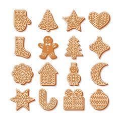 Set of tasty gingerbread cookies for Christmas. Different forms such as snowflake, man, sock, Christmas tree, crescent, house, balls and toys