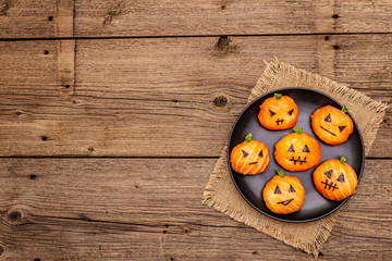 Funny Halloween Sushi Pumpkins Jack o Lantern, Sushi Monsters. Temari sushi, sushi balls. Healthy food for kids