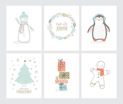 Set of Christmas greetings cards in hand drawn style. Cute Vector illustration of penguin, snowman, gingerman, christmas tree, gift boxes, snowflakes, winter wreath.