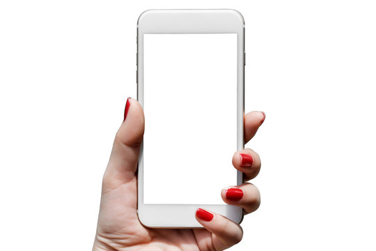 Woman hand holding a white phone. And white screen isolated on a white background