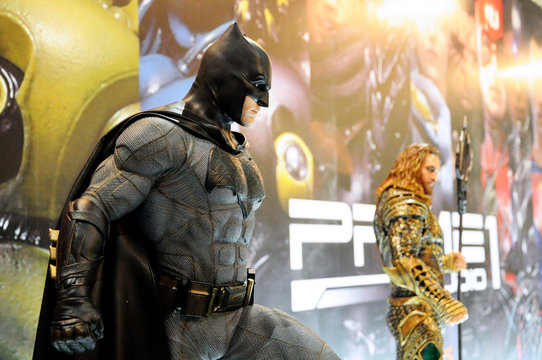 KUALA LUMPUR, MALAYSIA -MARCH 31, 2018: Fiction character of Batman from DC movies and comic. Batman action figure toys in various size display for public.