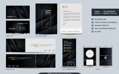 Luxury black gold stationery mock up set and visual brand identity with abstract overlap layers background