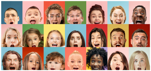 Close up portrait of young people. Human emotions, facial expression. People wondered, astonished, screaming and crazy in happiness. Creative bright collage made of different photos of 21 models.