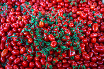 Red tomato stand in a farmer market in Athens, Greece