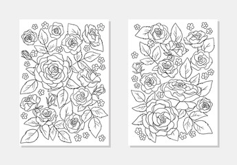 vector rose daisy  flowers leaf pattern bouquet outline illustration coloring book composition