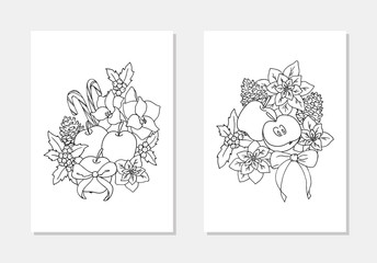 vector winter bouquet amarilis apple fruit holly poinsettia sweet cane coloring page outline illustration