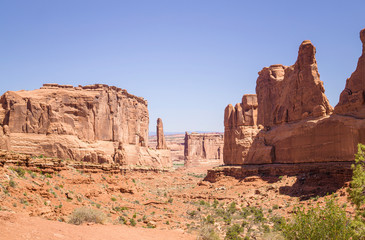 Hot stone desert of Utah, USA. Valley in Arches National Park 