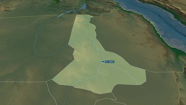 River Nile - state of Sudan with its capital zoomed on the physical map of the globe. Animation 3D