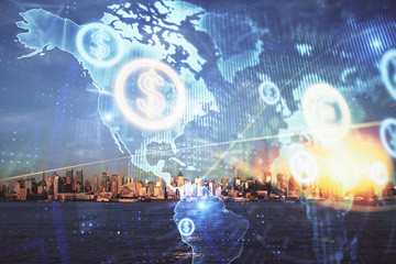 Forex chart on cityscape with skyscrapers wallpaper double exposure. Financial research concept.