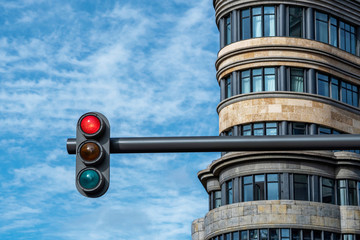 Red traffic light in central Madrid