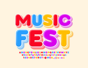 Vector bright poster Music Fest with 3D Font. Colorful layered Alphabet Letters, Numbers and Symbols
