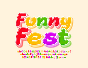 Vector bright logo Funny Fest with colorful 3D Font. Layered Alphabet Letters, Numbers and Symbols
