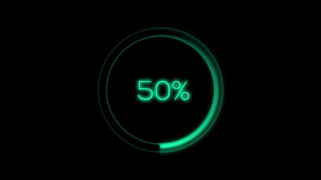 Futuristic Loading Circle Ring with increasing and glowing percentage number. HUD elements and percentage counter. Looped loading bar animation.