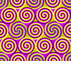 Colorful background with spirals. Wrapping paper. Motion illusion. Seamless pattern.