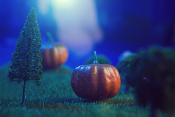Halloween Pumpkins in a dark forest in the moonlight Halloween background. Fairy tale. Macro. Artificial magic dreamy world.